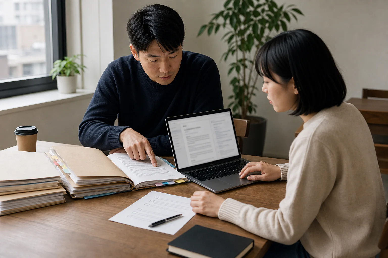 Two coworkers verifying a team knowledge base against tagged source documents and laptop citations