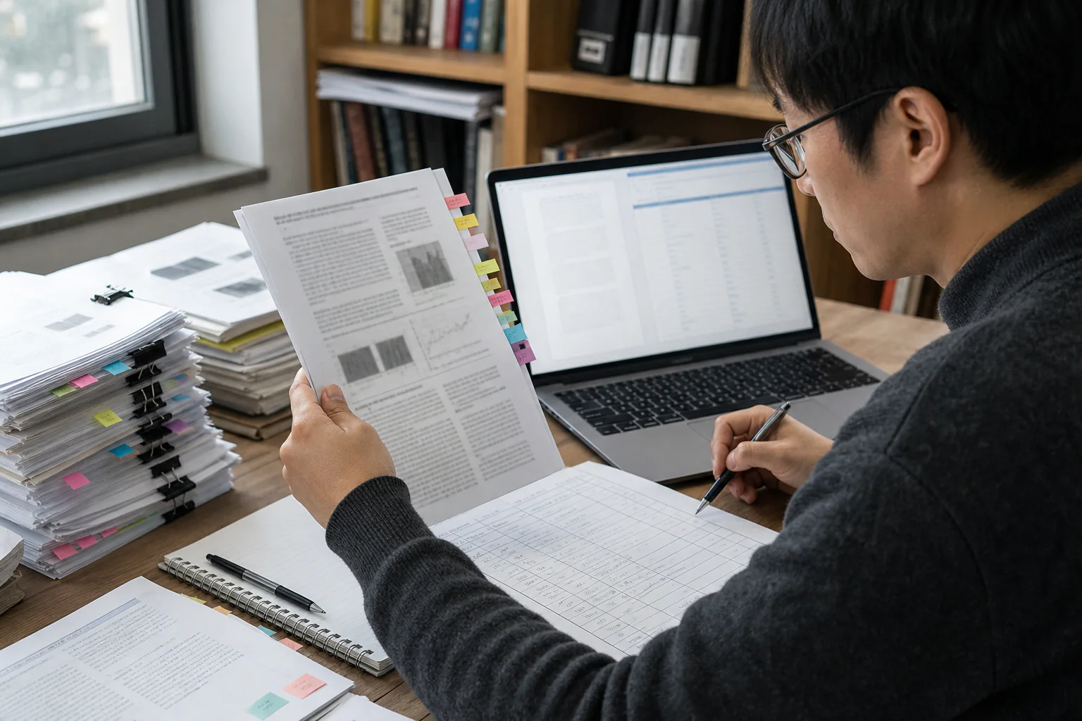 A researcher checking source references across tagged PDF reports and a structured laptop table