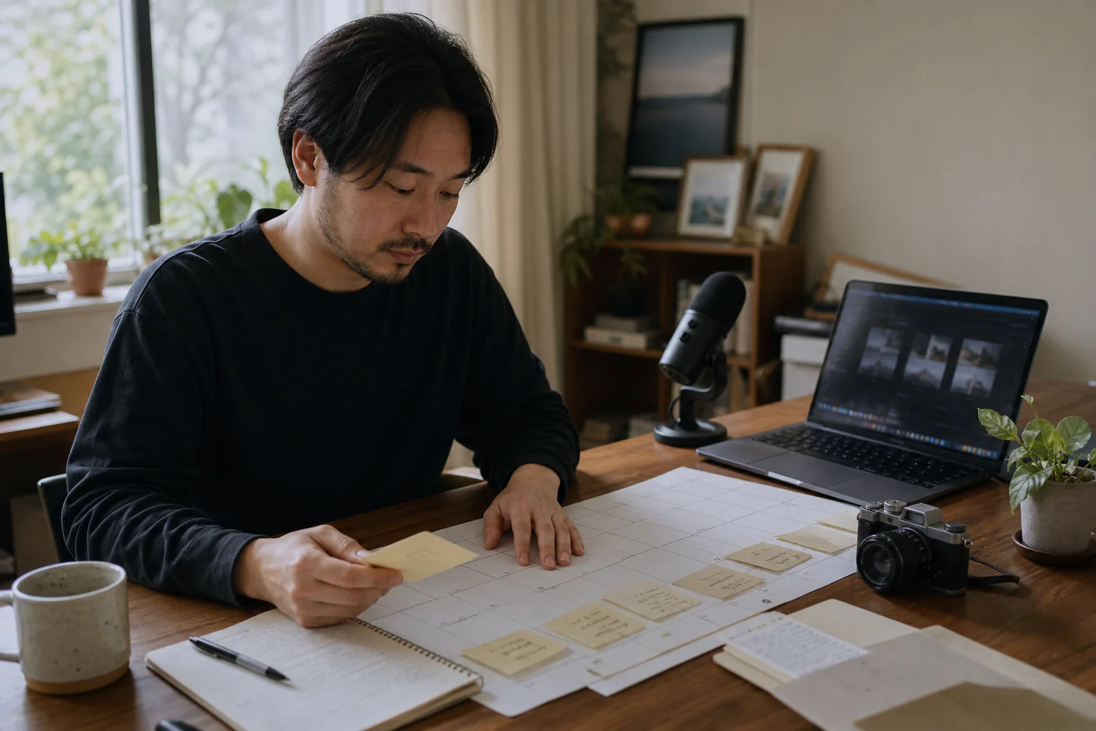A creator planning a content channel with a calendar and topic cards in a home studio
