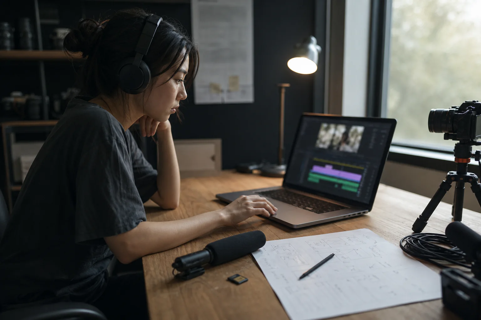 A video creator editing an explainer video beside a paper shot list in a small studio
