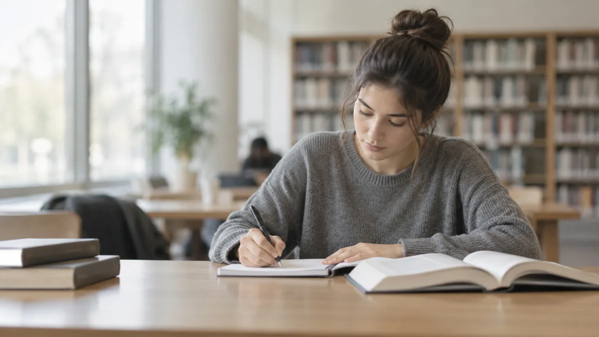 A student reads literature in the library and takes notes