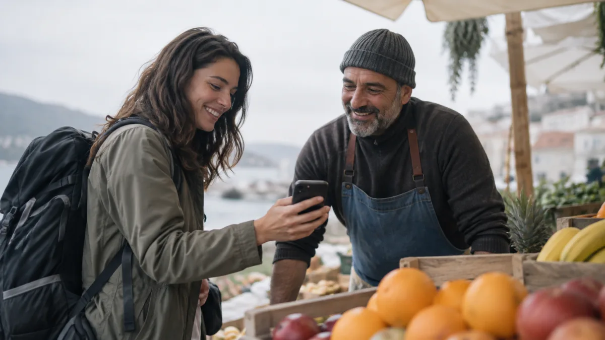 A traveler uses a phone to translate a conversation with a shopkeeper