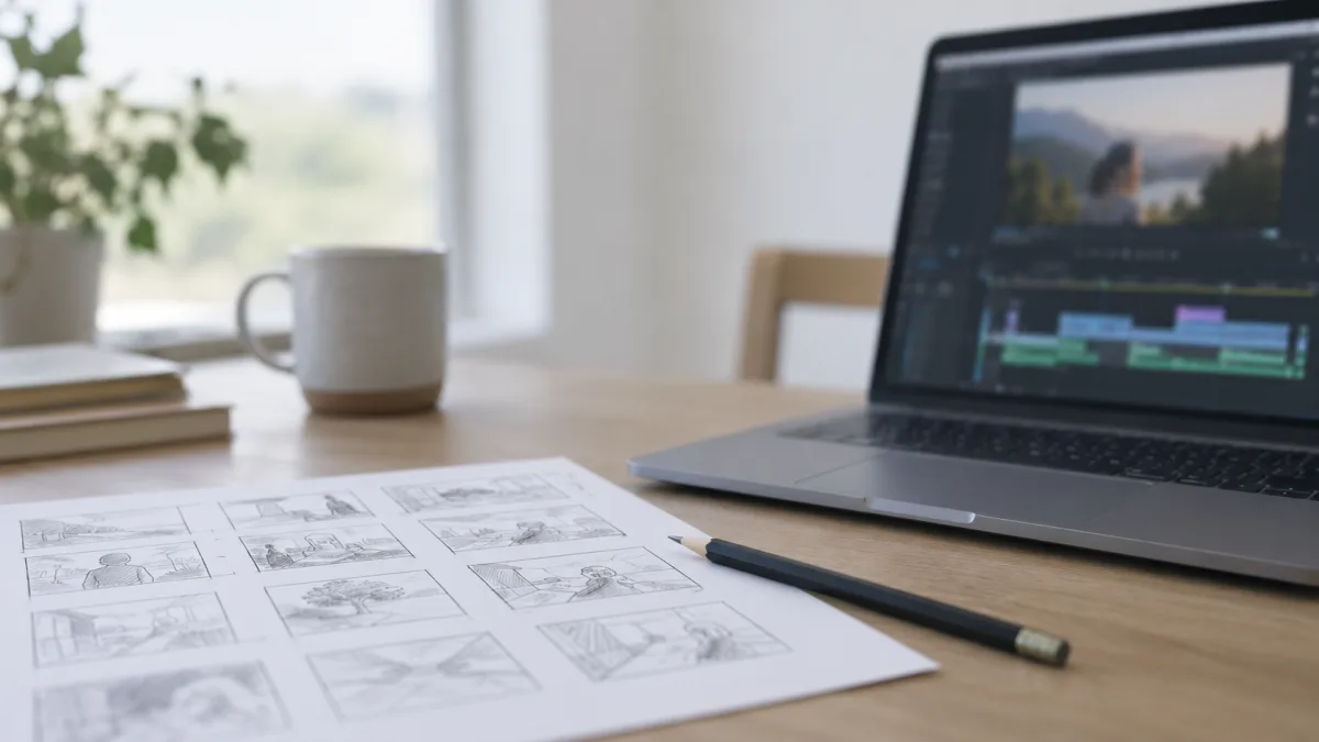 Storyboard sketches next to an editing timeline