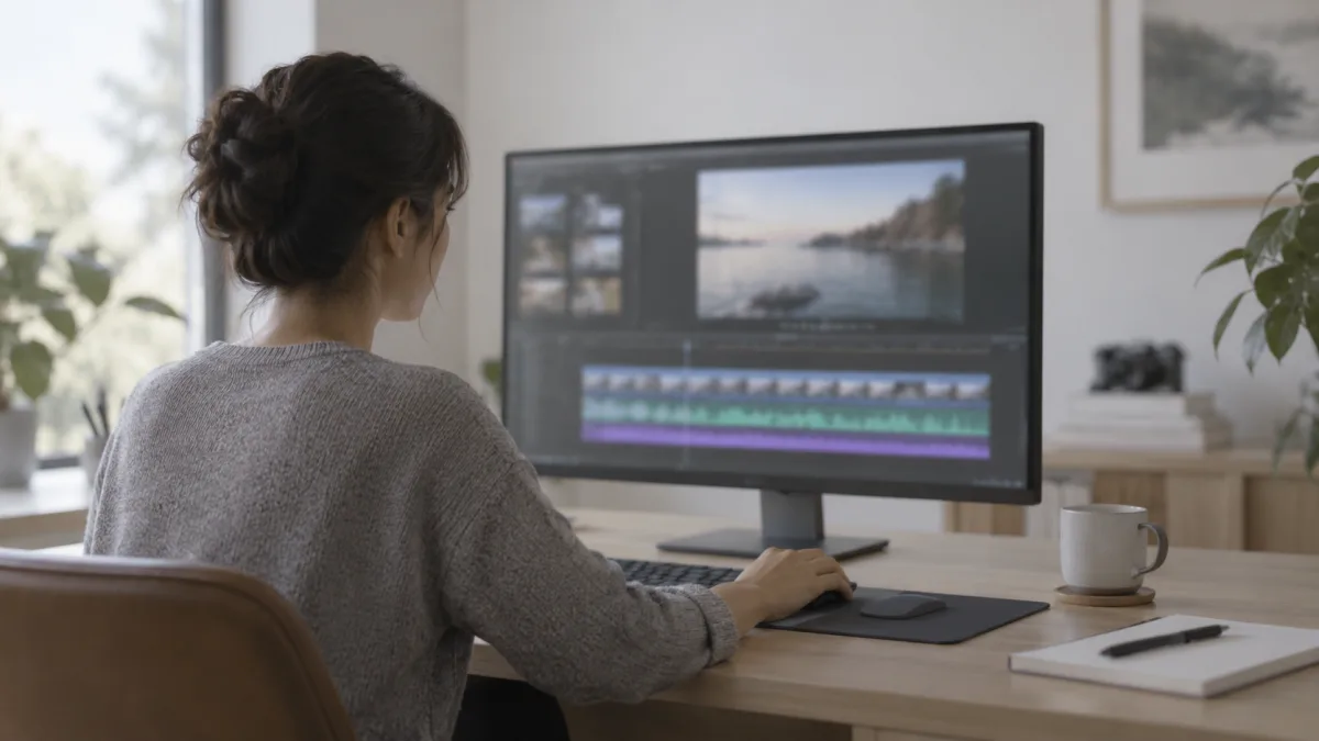 An editor aligns voiceover and subtitles on the timeline