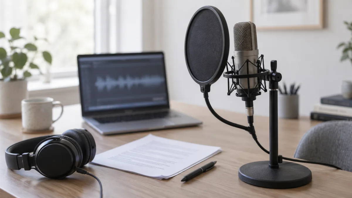 A microphone, headphones and script on a voiceover desk