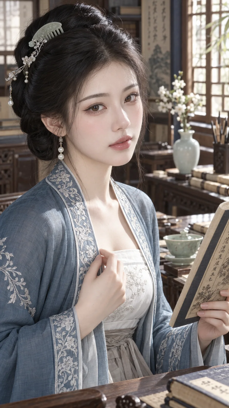 穿霁青色宋制褙子的成年东亚女性在书房窗边持书卷