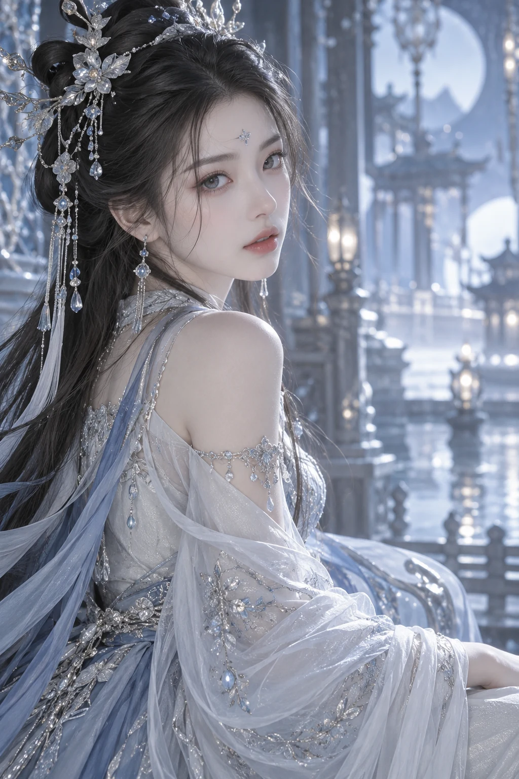 成年女性人像:冰蓝银饰殿阁
