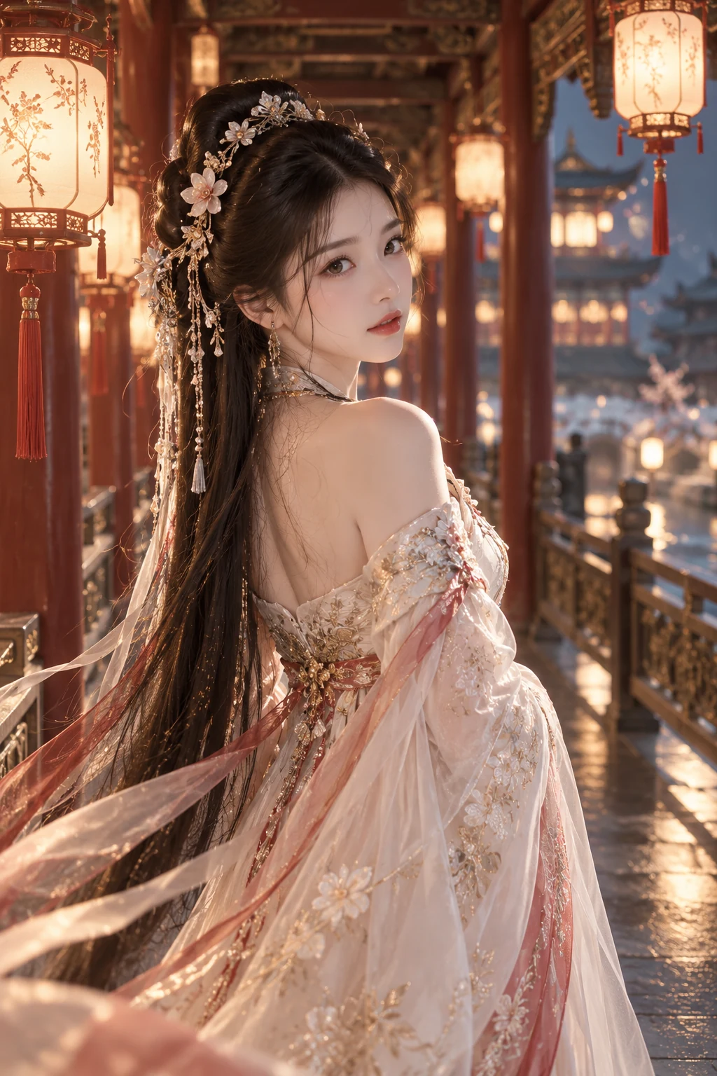 成年女性人像:宫灯回廊金色回眸