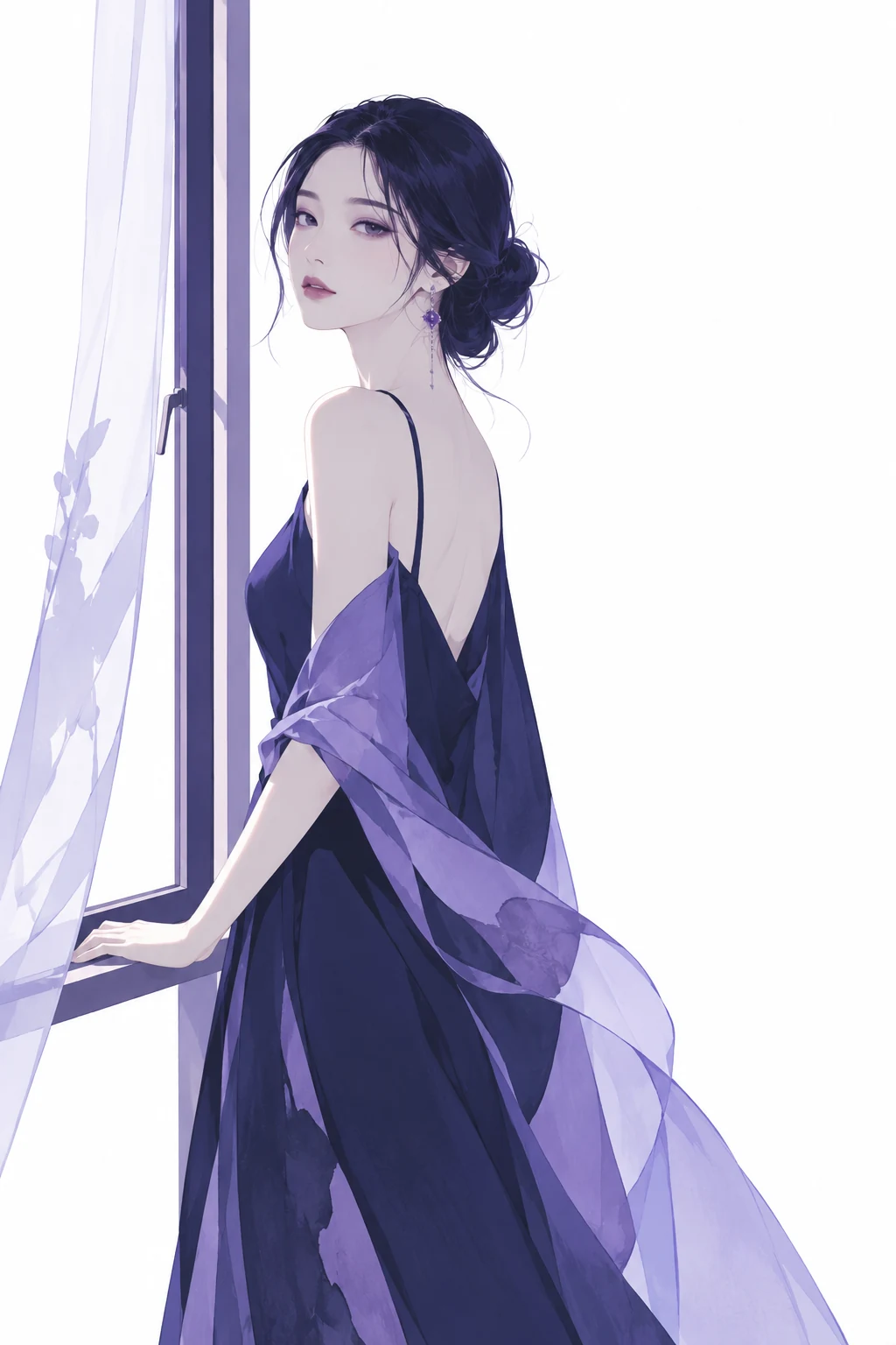 成年女性人像:靛紫窗边极简插画