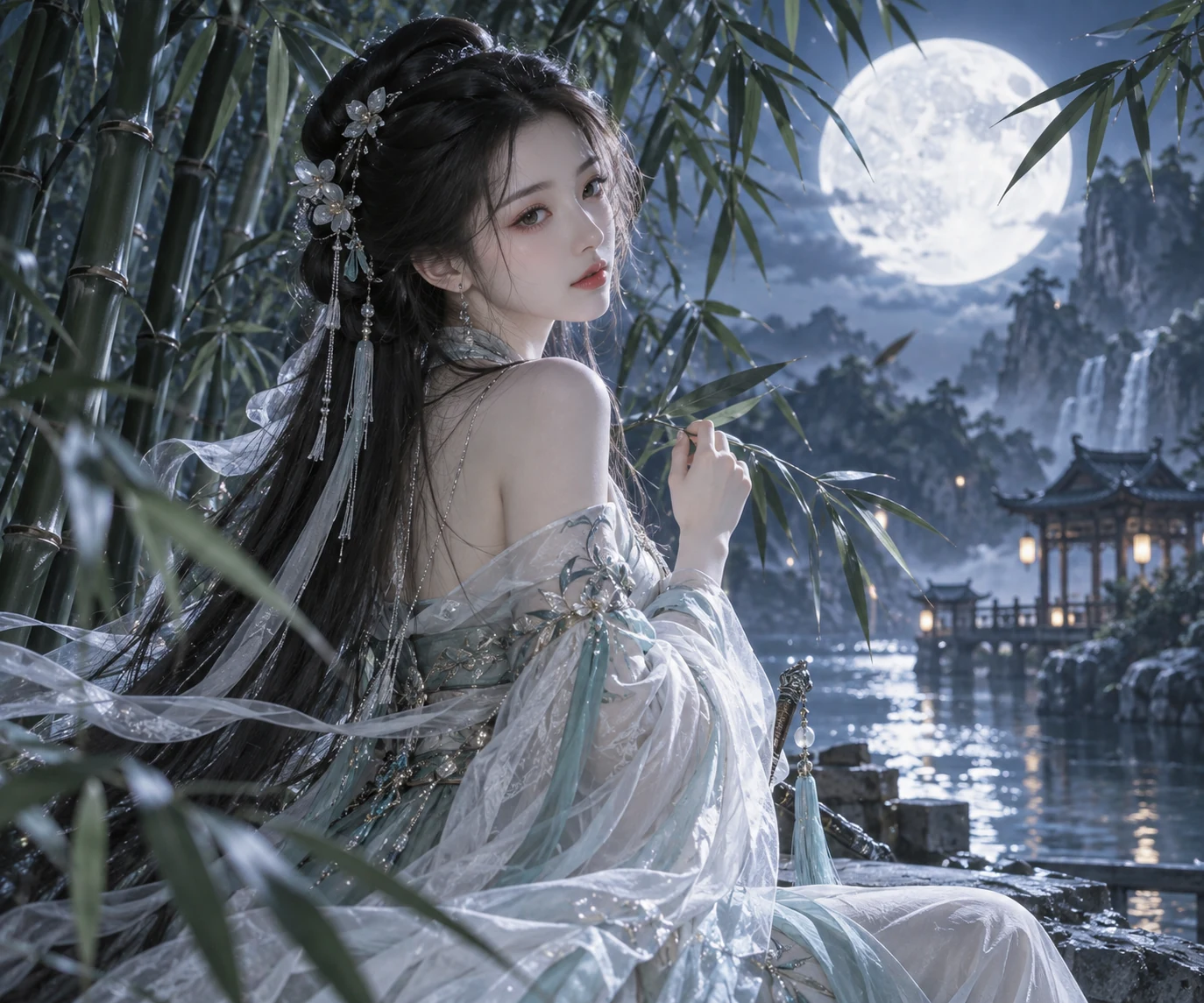 成年女性人像:月下竹林