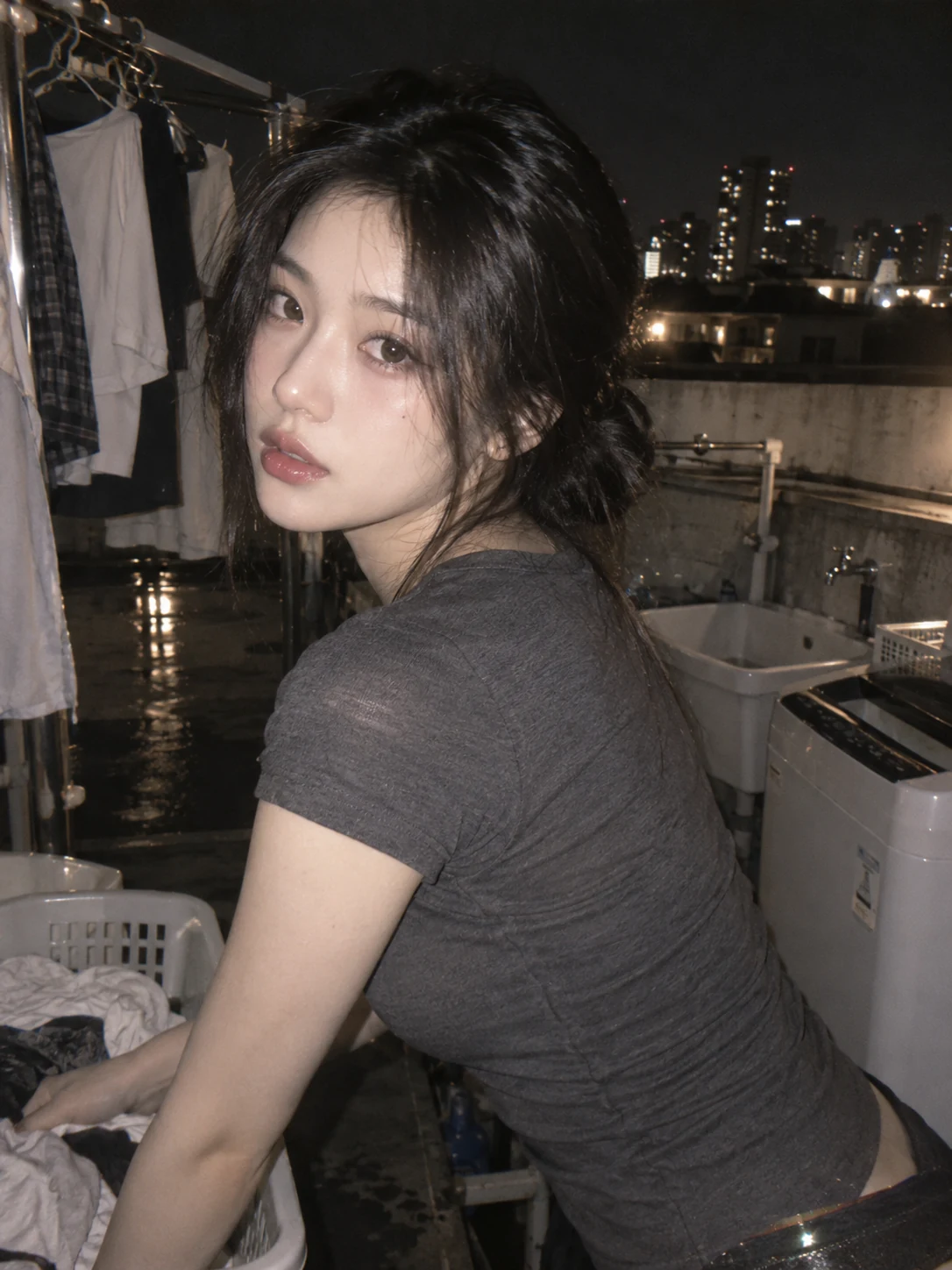 成年女性人像:天台洗衣生活照