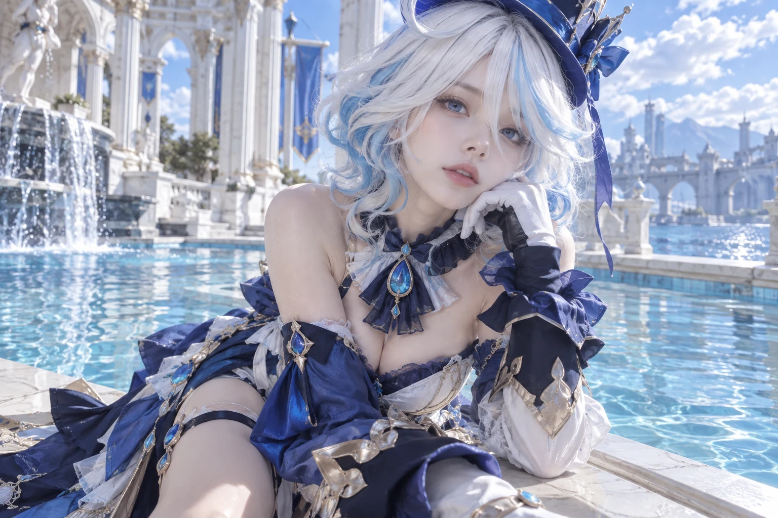 Adult female portrait: Blue-and-white-haired live-action cosplay
