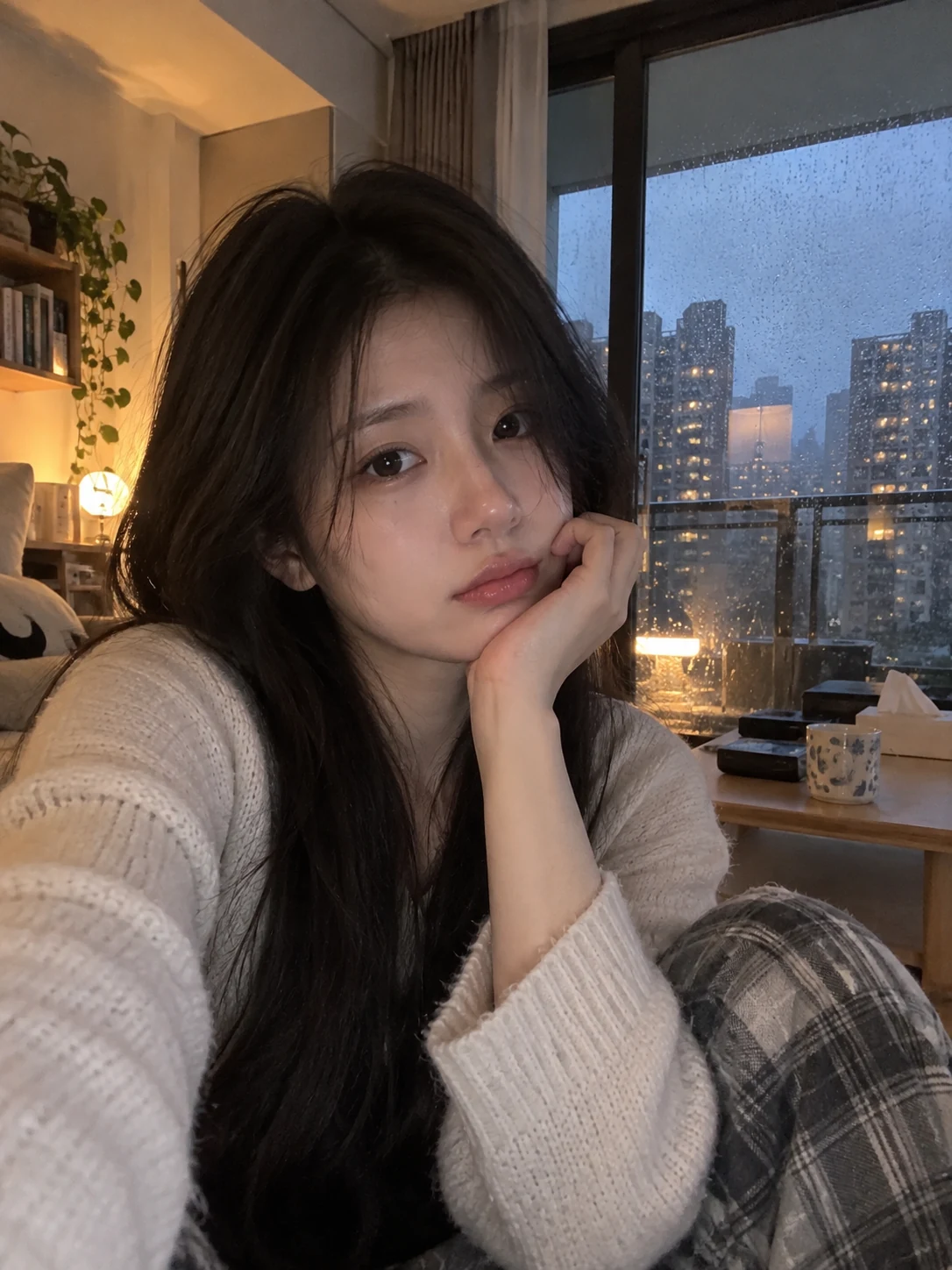 Adult female portrait: Rainy-day apartment snapshot