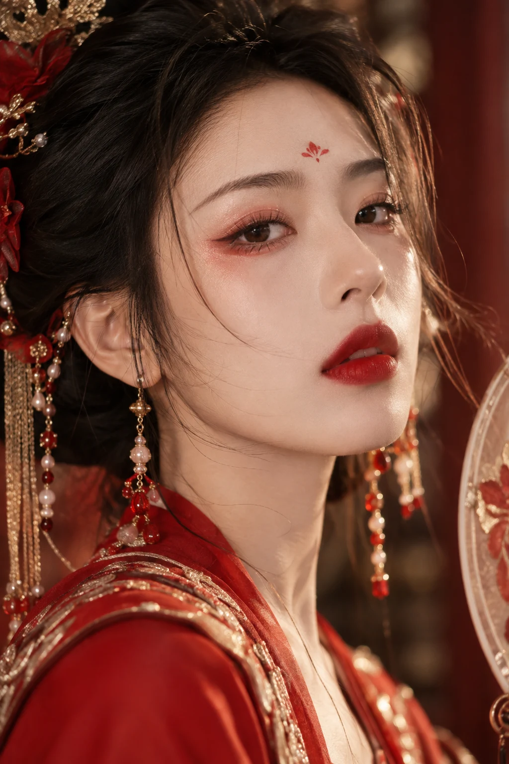 Adult female portrait: Vermilion dressing-room makeup