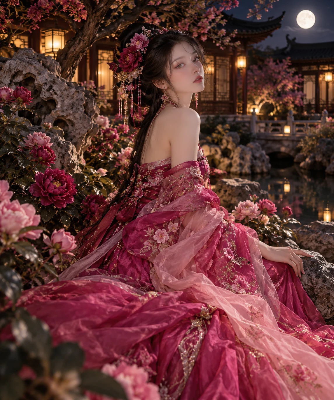 Adult female portrait: Rose-pink night garden