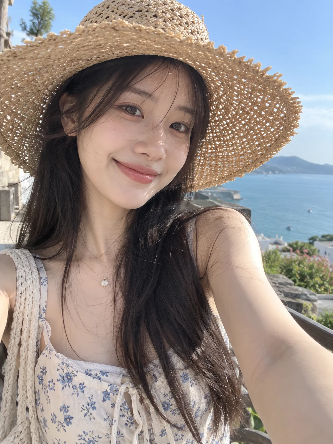 戴宽檐草帽的成年东亚女性在阳光下拍摄手机自拍