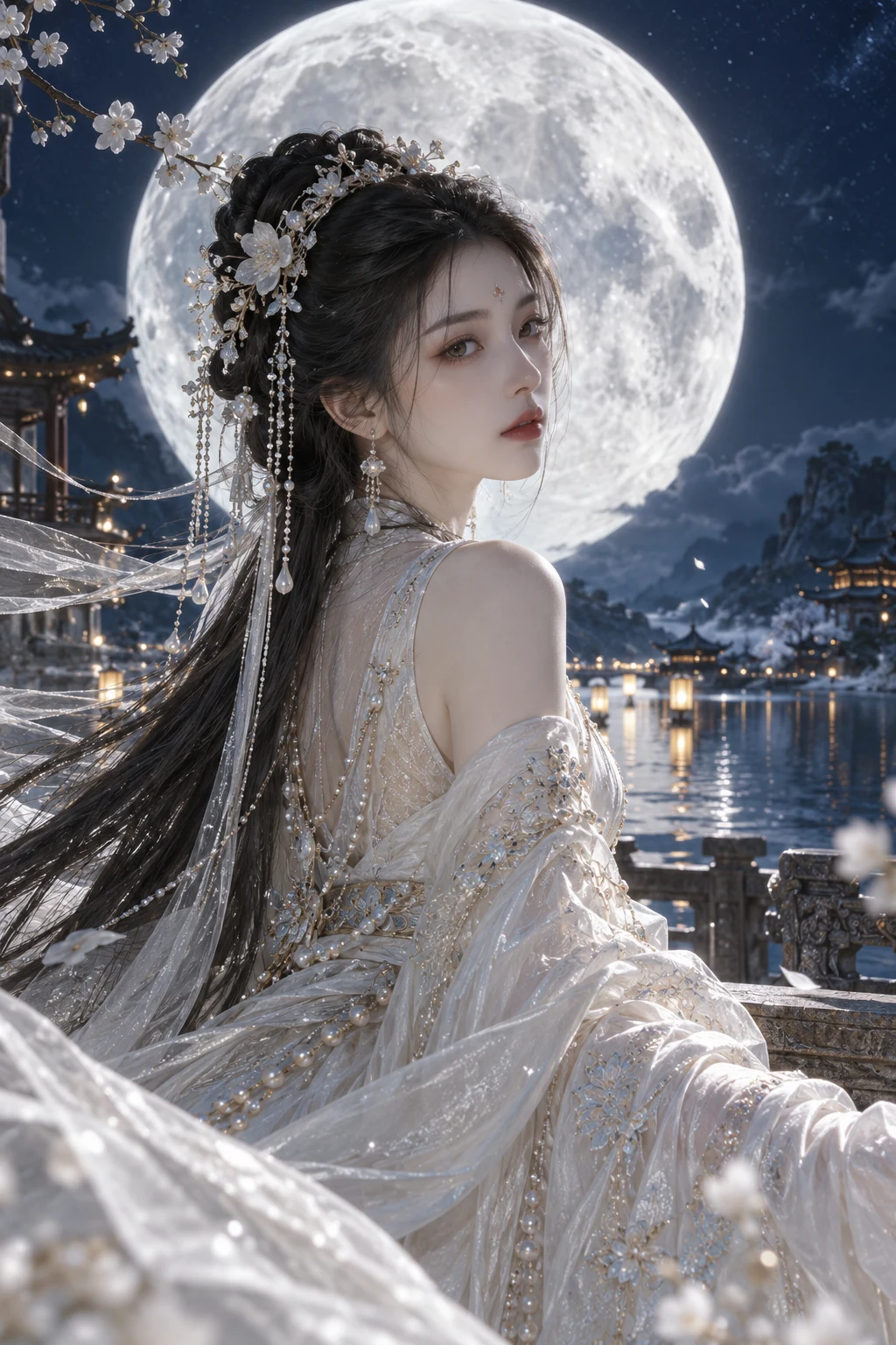 珍珠白古装的成年东亚女性在巨大满月前回眸