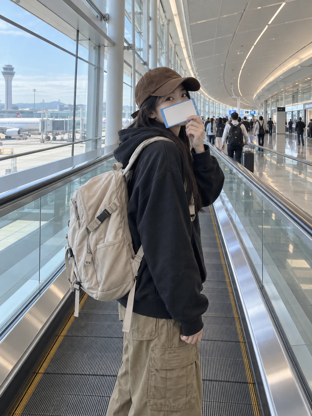 成年东亚女性戴棕帽、穿黑卫衣、背米色背包,在机场步道上用空白旅行卡片遮脸
