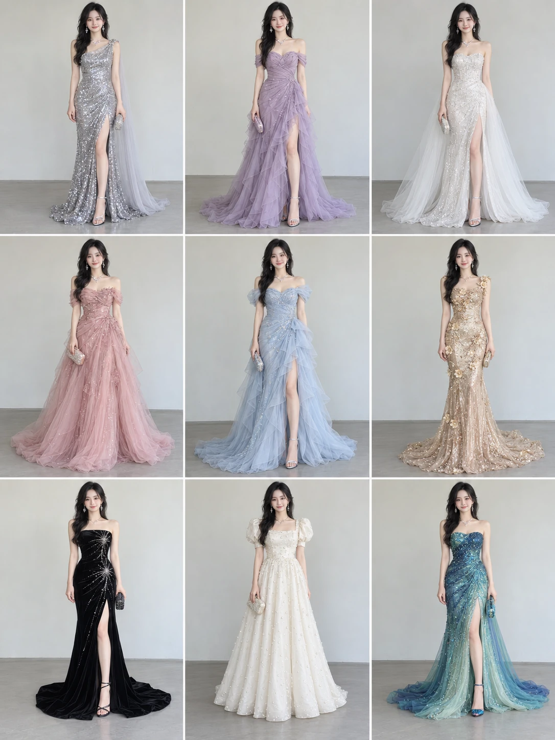 A 30-year-old East Asian adult woman showing 9 reference-derived looks for banquet outfits in 3 columns and 3 rows