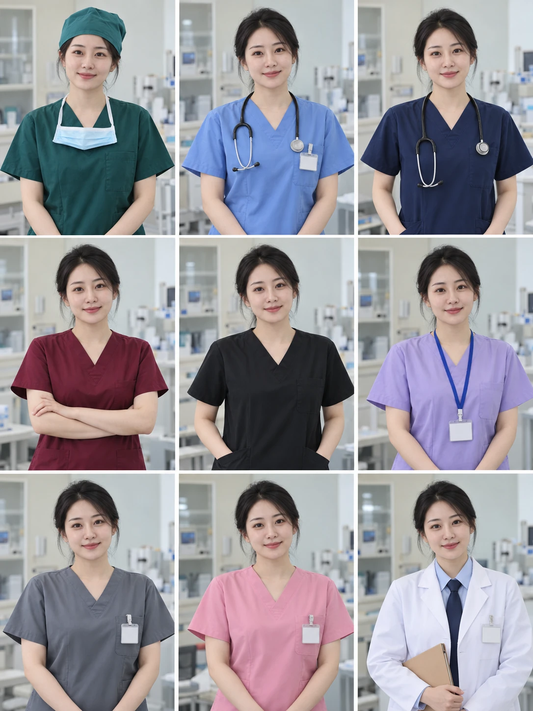 32岁东亚成年女性展示9套医生工作服,3列3行