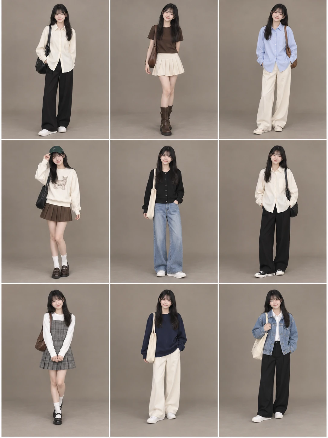 A 16-year-old East Asian girl showing 9 reference-derived looks for high-school outfits in 3 columns and 3 rows