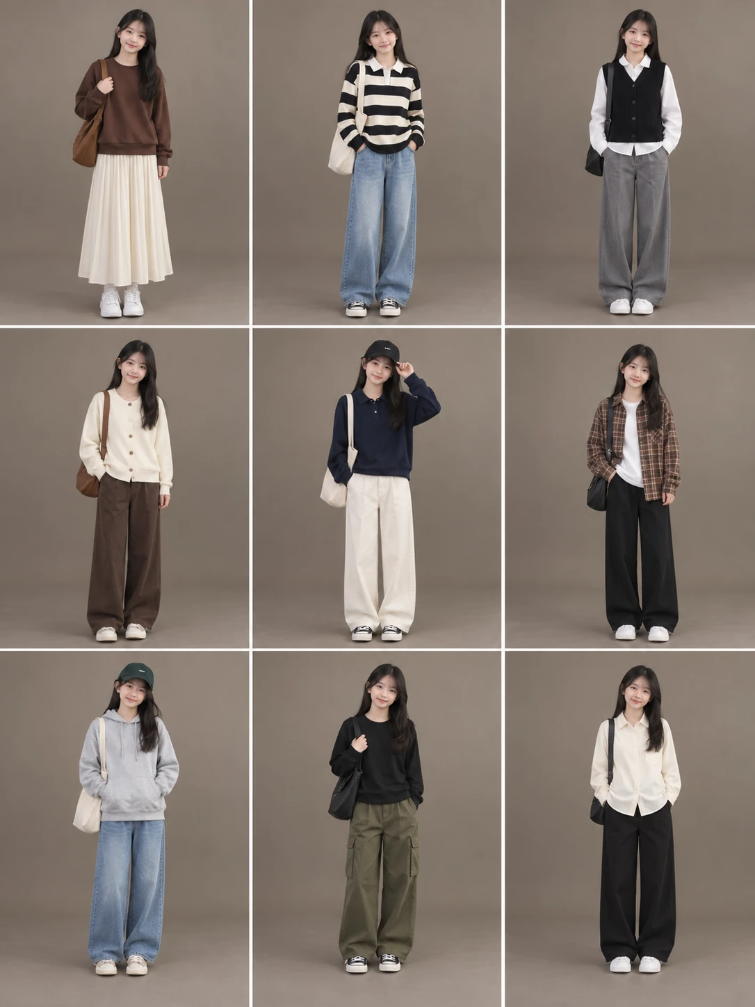 A 13-year-old East Asian girl showing 9 reference-derived looks for middle-school outfits in 3 columns and 3 rows