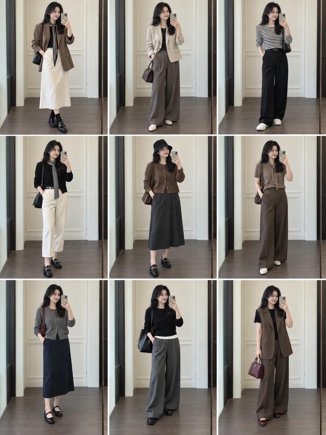 35岁东亚成年女性展示9套家长会,3列3行