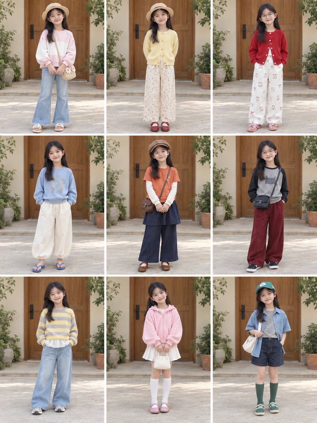 A 9-year-old East Asian girl showing 9 reference-derived looks for primary-school outfits in 3 columns and 3 rows