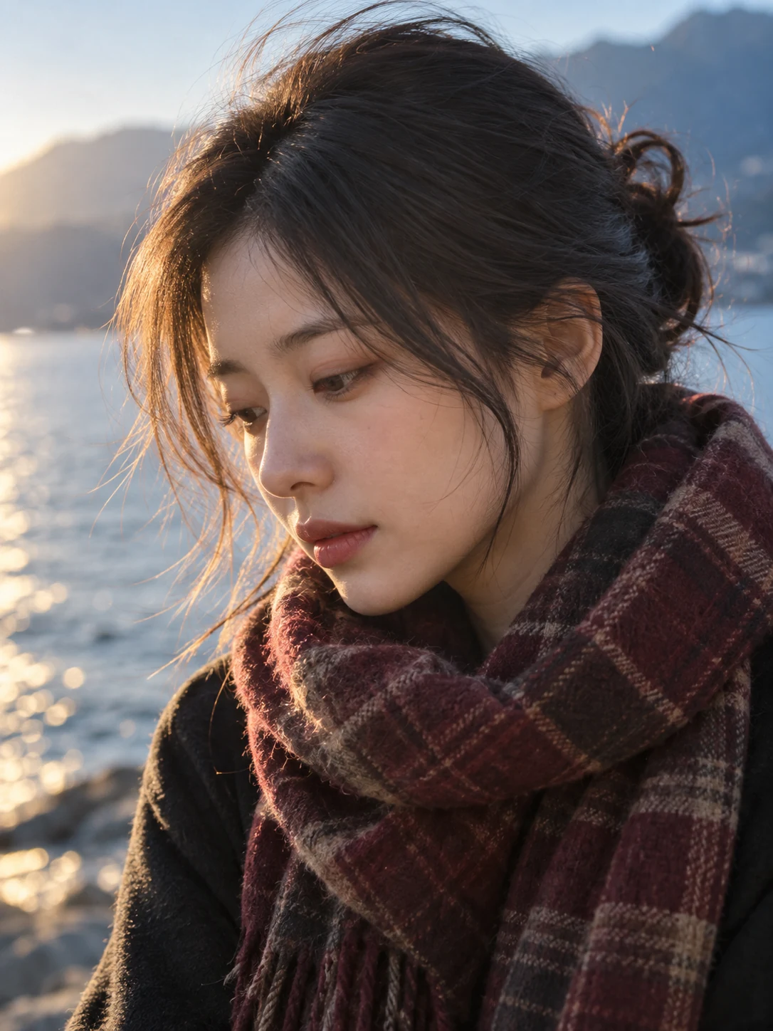 围酒红格纹围巾的成年东亚女性低头侧脸,暖光照亮发丝,背景为虚化水面