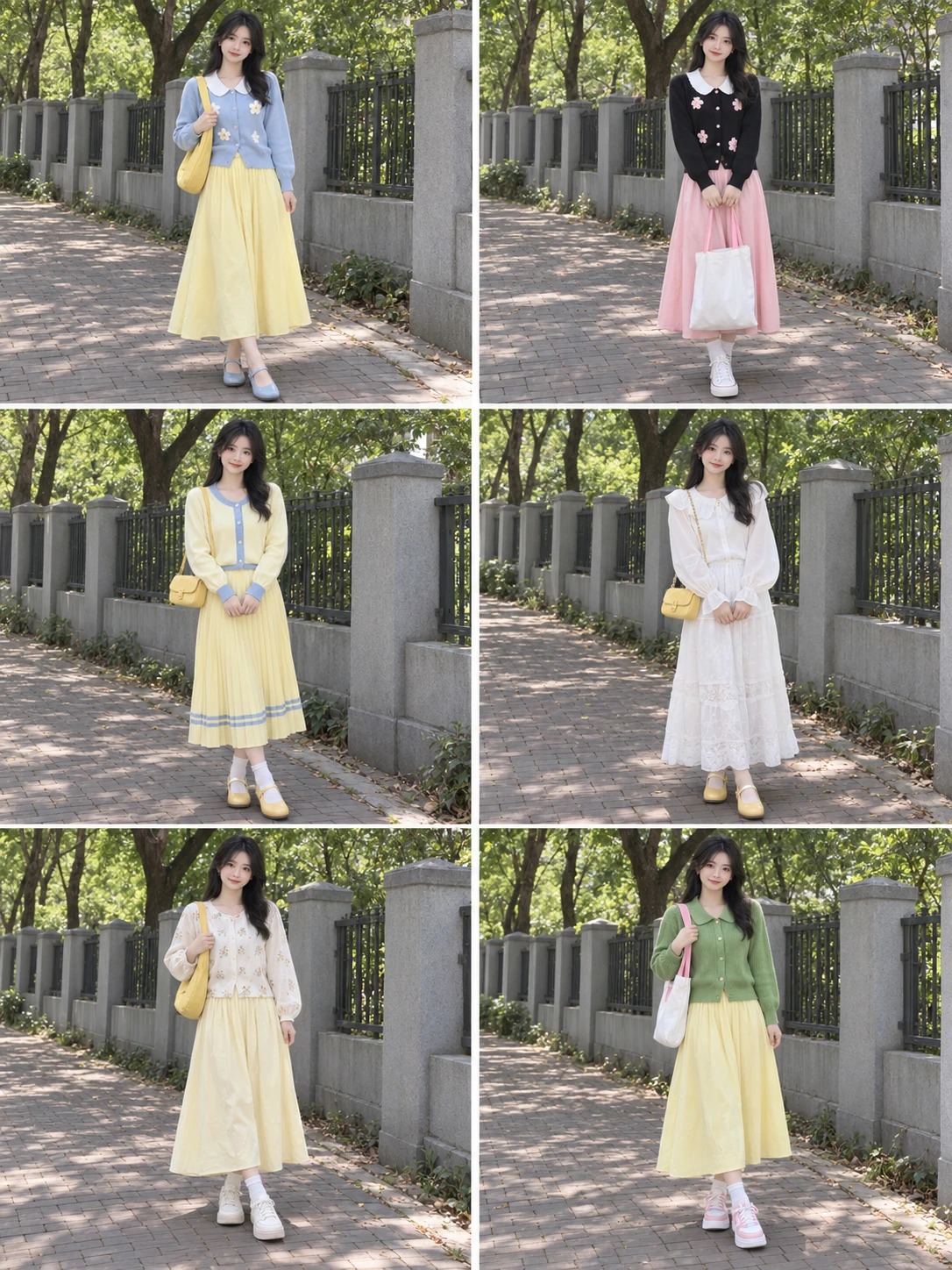 A 26-year-old East Asian adult woman showing 6 reference-derived looks for spring outfits in 2 columns and 3 rows
