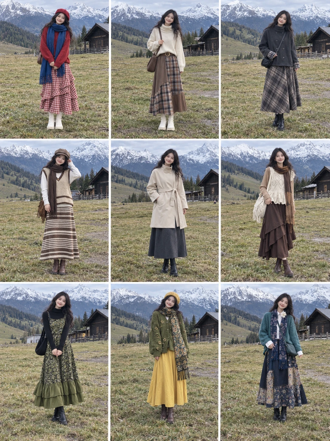 28岁东亚成年女性展示9套旅游穿搭,3列3行