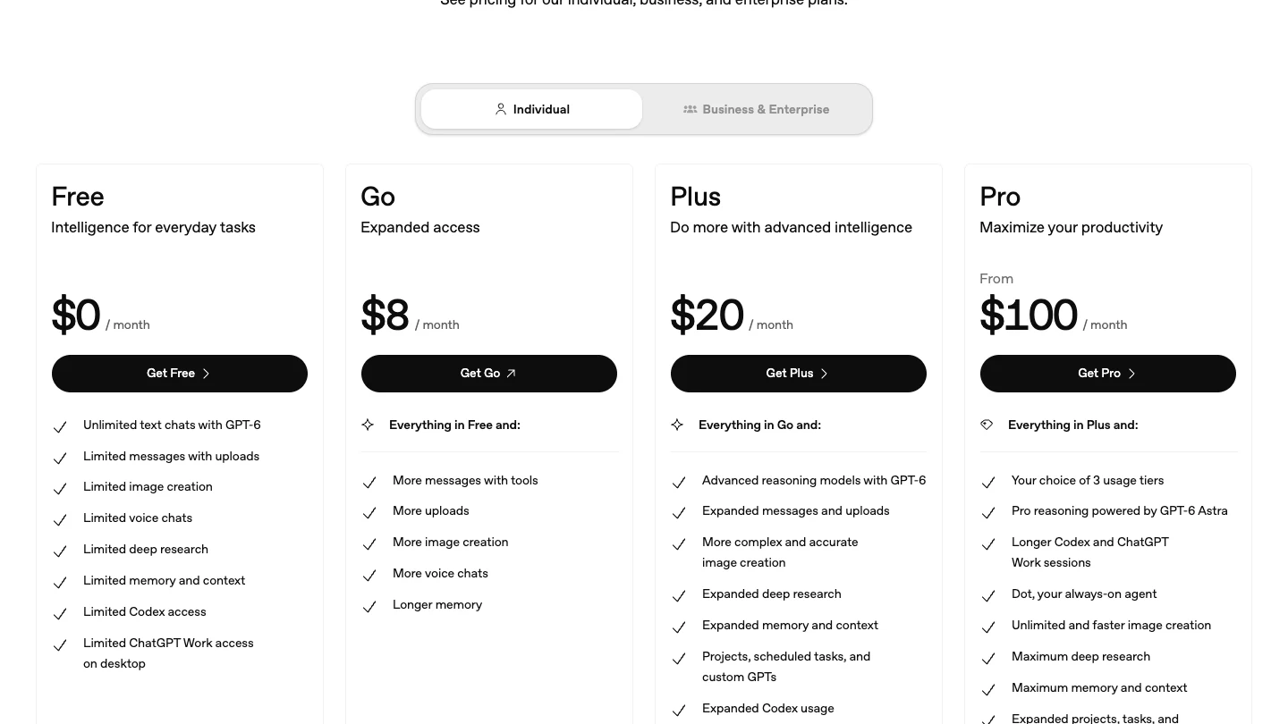 The Free, Go, Plus, and Pro individual plans on ChatGPT's pricing page