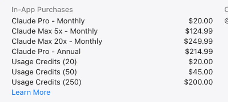 Claude in-app purchase prices in the US App Store
