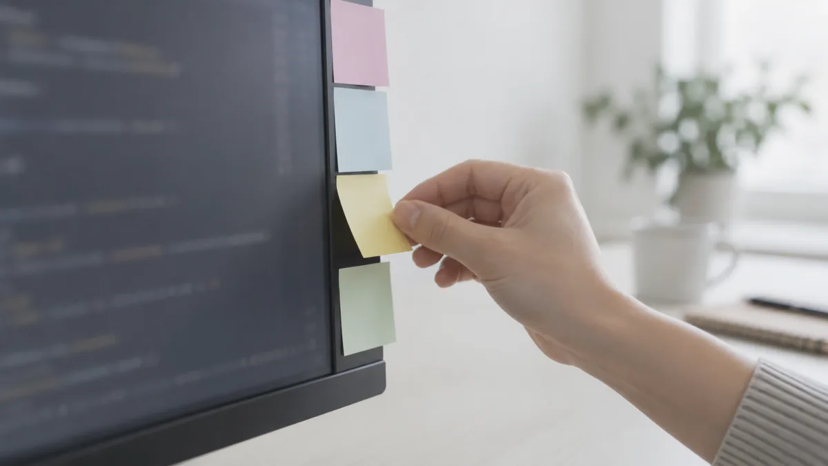 Tasks split into small acceptable units posted beside the monitor