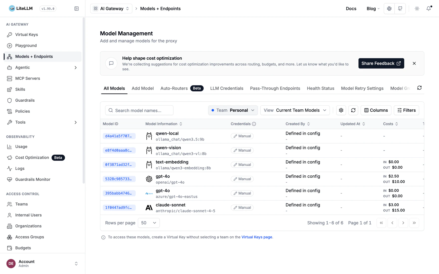 LiteLLM 管理后台 Models + Endpoints 页面，表格列出配置文件里加载的模型别名、对应的上游部署与所属提供商