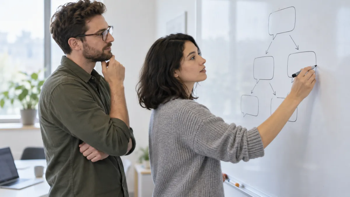 A team plans the support conversation flow on a whiteboard