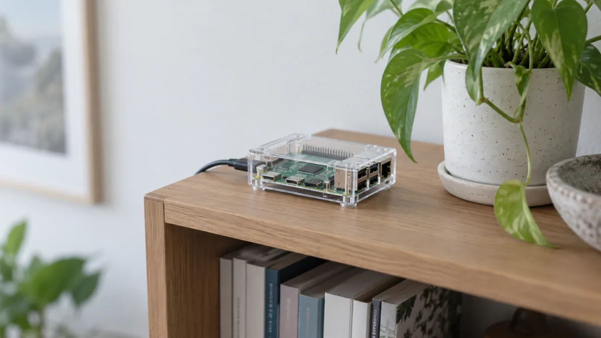 A low-power Raspberry Pi running quietly in a corner