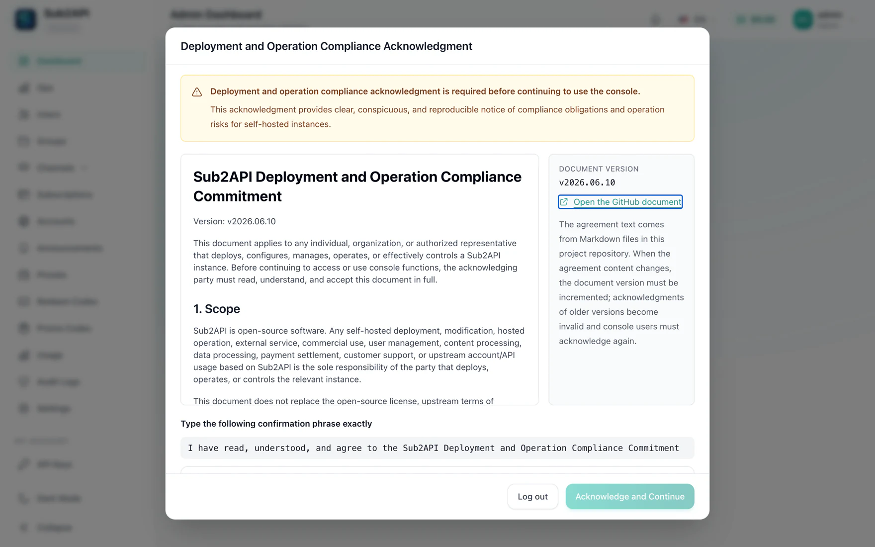 Sub2API 后台的部署与运营合规确认页，标题为 Deployment and Operation Compliance Acknowledgment，上方是黄色警告条，下方要求逐字输入确认短语，页面中央叠着一个介绍核心功能的欢迎弹窗