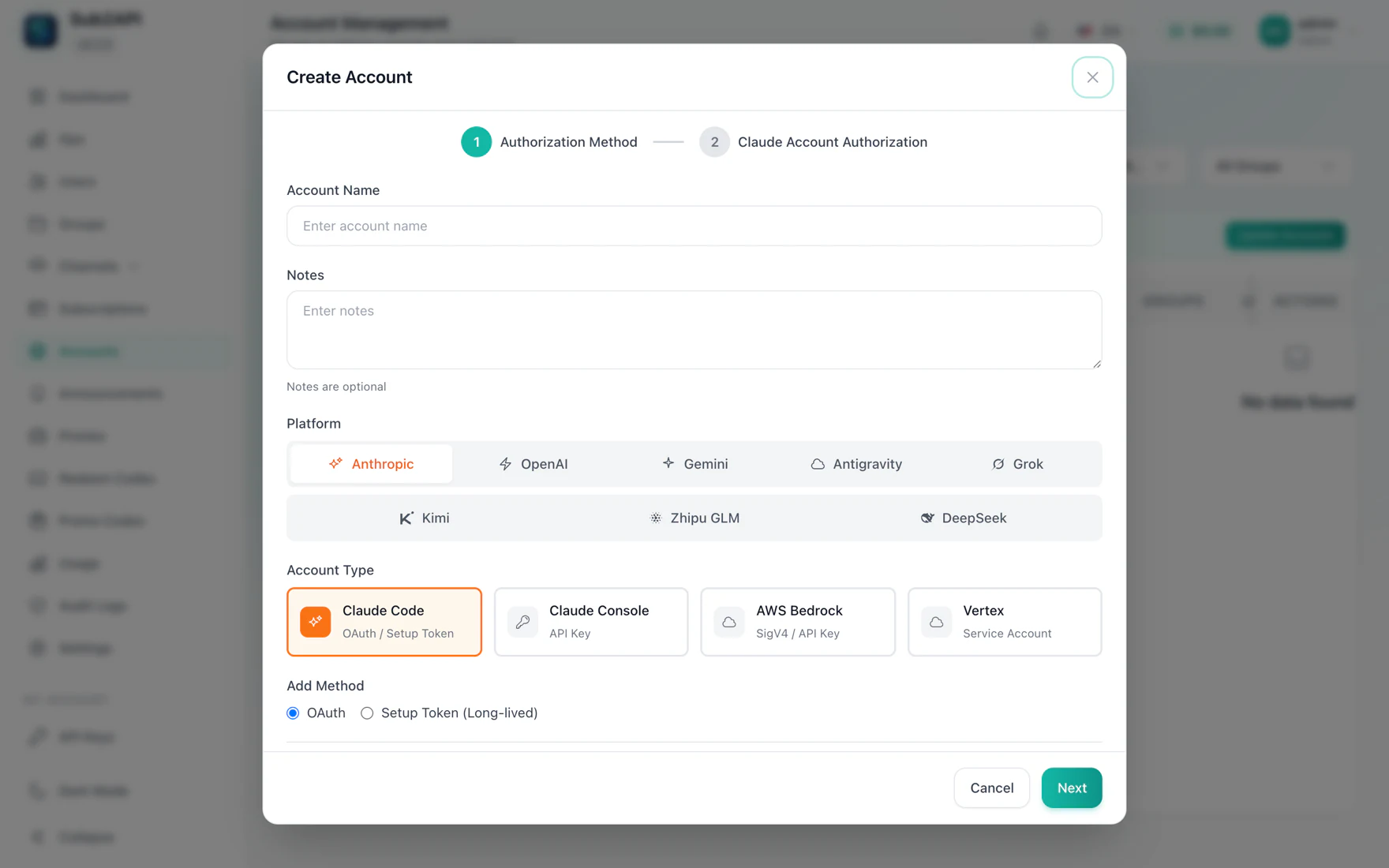 Sub2API 的 Create Account 弹窗，第一步选择授权方式：Platform 一行列出 Anthropic、OpenAI、Gemini、Antigravity、Grok、Kimi、Zhipu GLM、DeepSeek，Account Type 一行列出 Claude Code、Claude Console、AWS Bedrock、Vertex 四种，最下面是 OAuth 与 Setup Token 两种添加方式